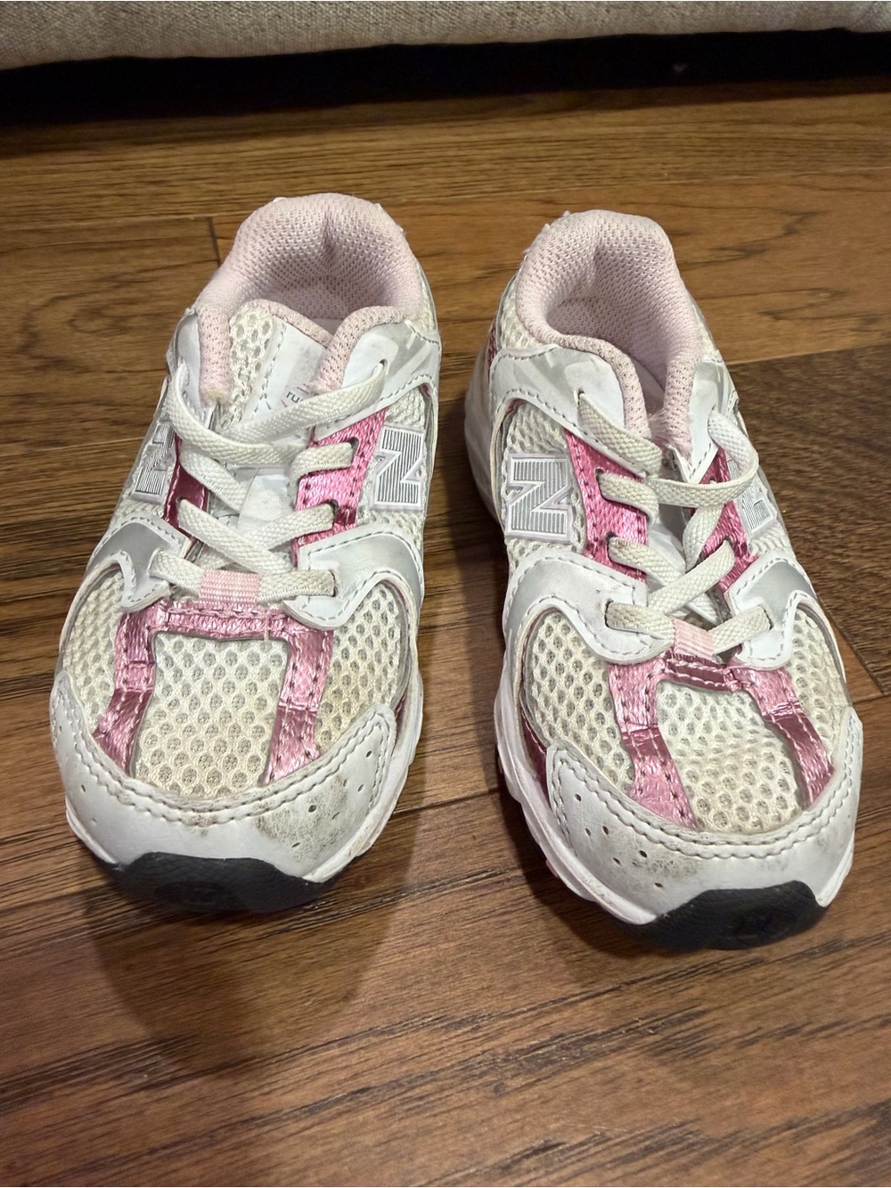 New Balance Kids White and Light Pink Athletic Sneakers